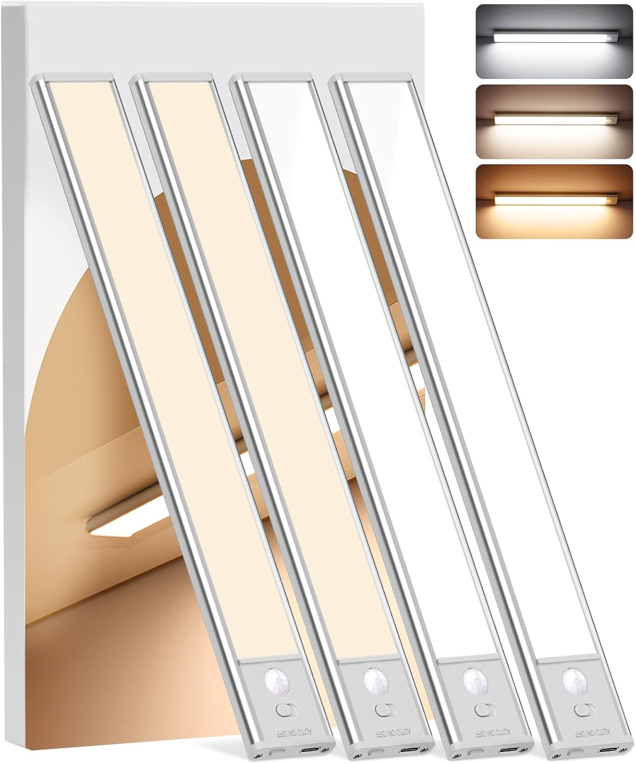 Under Cabinet Lighting Wireless, 4Pack Motion Sensor Light Indoor with 3 Color Temps, Dimmable Closet Lights Battery Operated, LED Magnetic Light, Rechargeable under Counter Lights for Kitchen Stairs