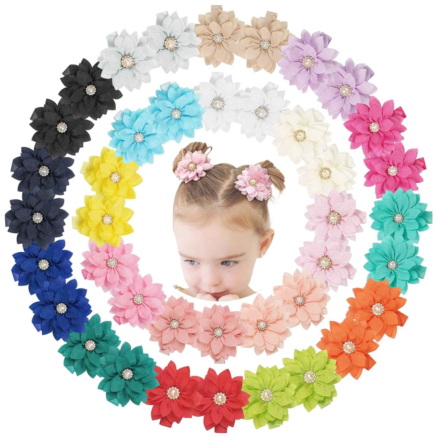 40PCS 2.3” Chiffon Flower Hair Clips w/ Rhinestone for Baby Girls Toddlers