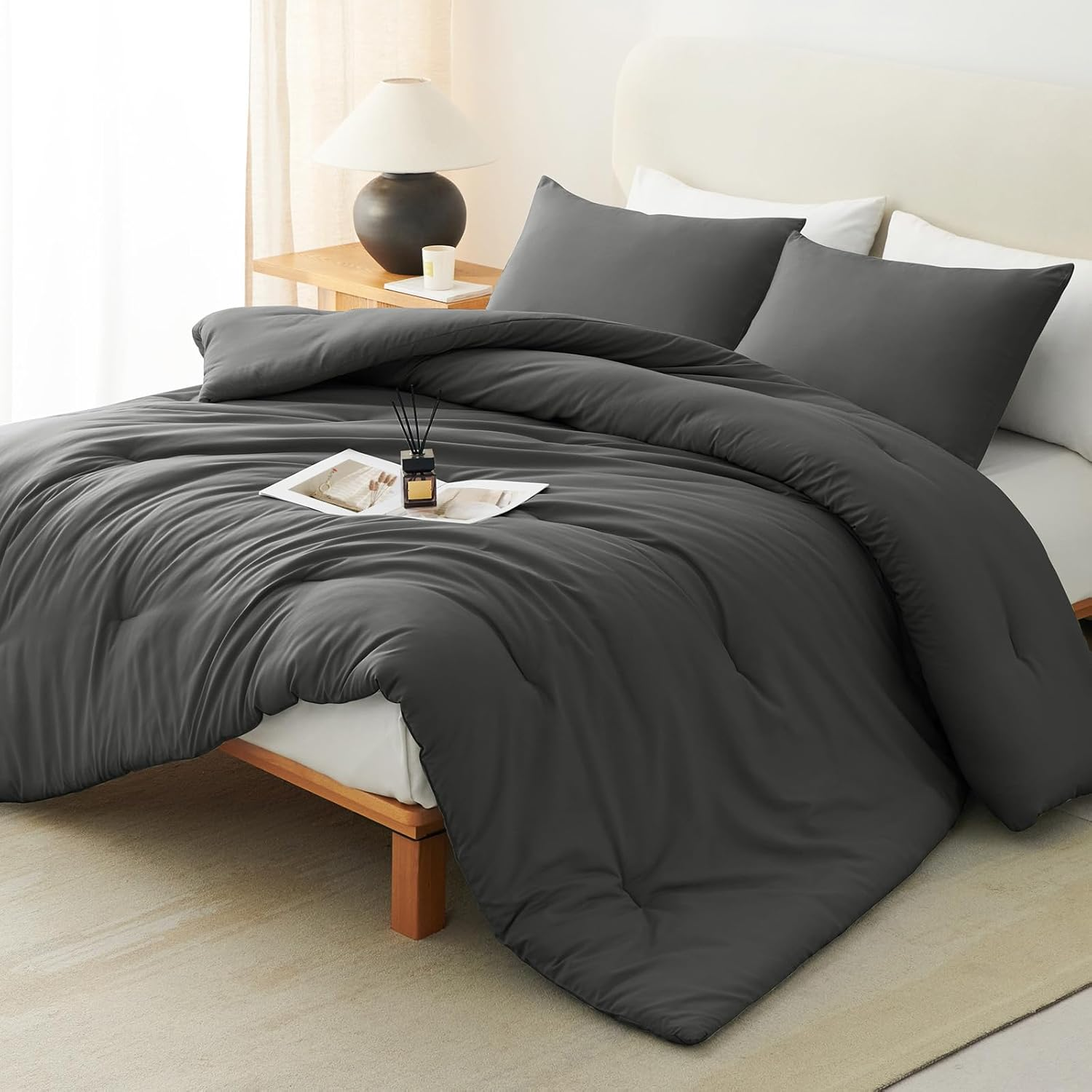 Oversized King Comforter Set Dark Grey, 3 Pieces 120X98 Solid Breathable Bedding Sets All Seasons, Dark Gray Luxury Soft Lightweight Bed Set with down Alternative Comforter and 2 Pillowcases