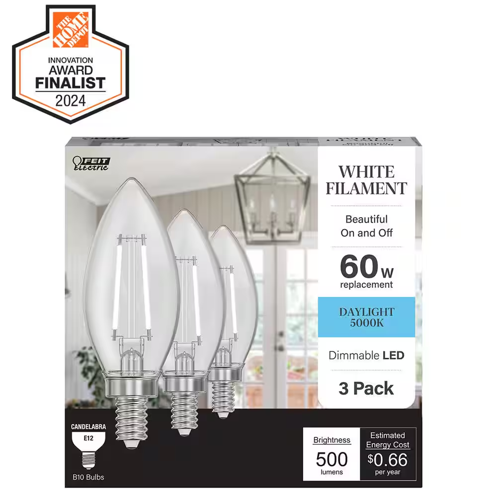 60-Watt Equivalent B10 E12 Candelabra Dim White Filament Clear Glass Chandelier LED Light Bulb Daylight 5000K (3-Pack)