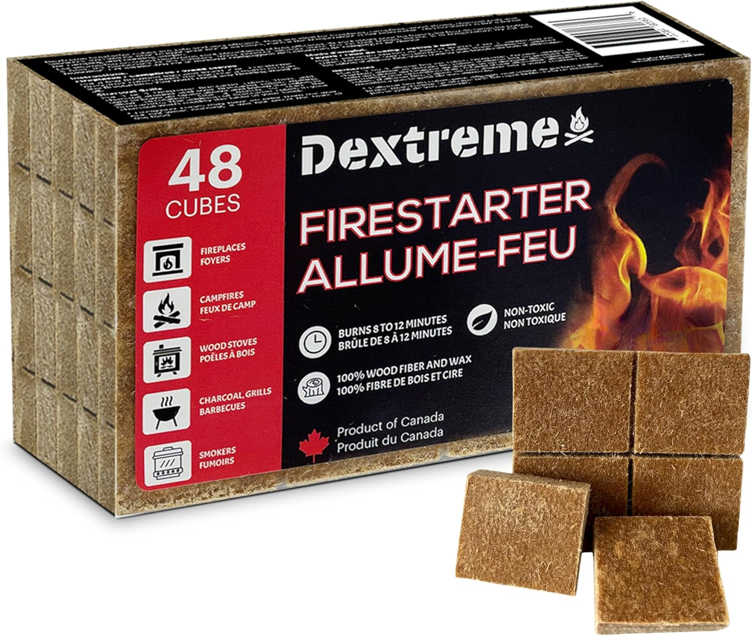 Dextreme Fire Starter Pack of 144/48 Natural Fire Starters Cubes for Campfires, Charcoal, BBQ, Grill Pit, Fireplace, Wood Stoves, Smokers and Camping - Easy to Ignite and Non Toxic… (48 Squares)