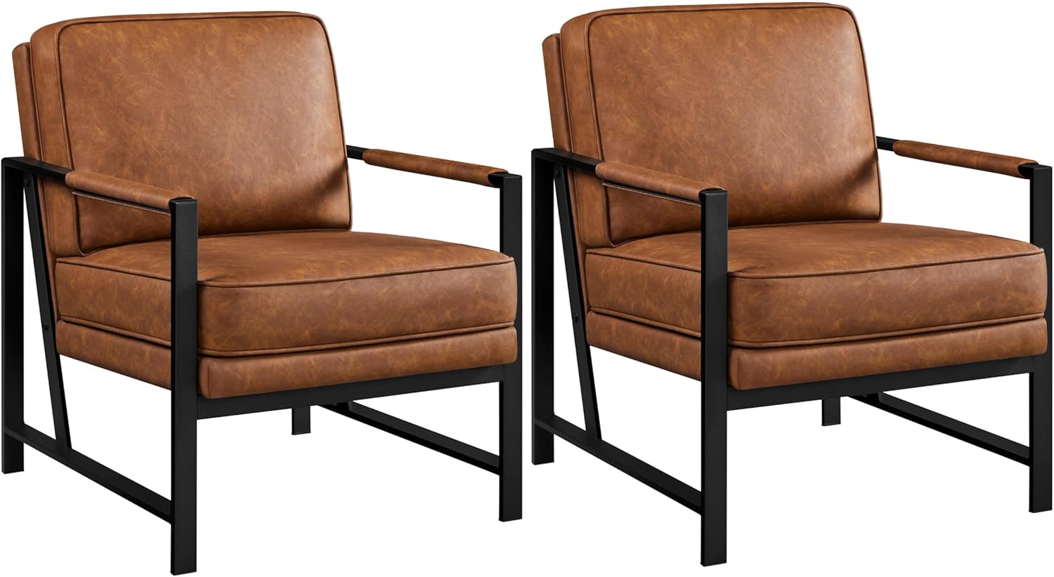Retro PU Leather Armchairs, Soft Padded Accent Chairs, Set of 2