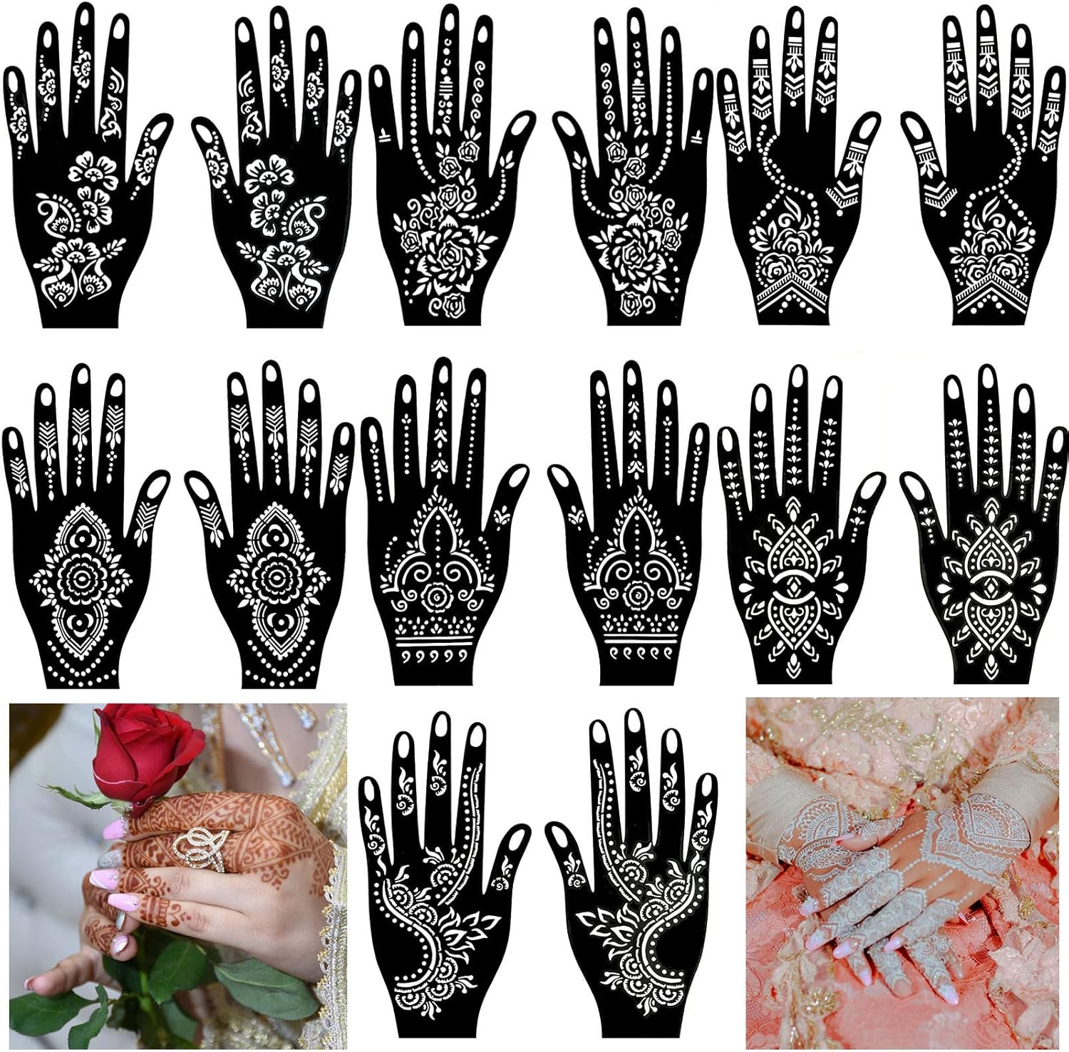 14 Sheets Henna Tattoo Stencils Kit for Hand Body Art, Indian Arabian Temporary Tattoo Template Mehndi Stencil Stickers