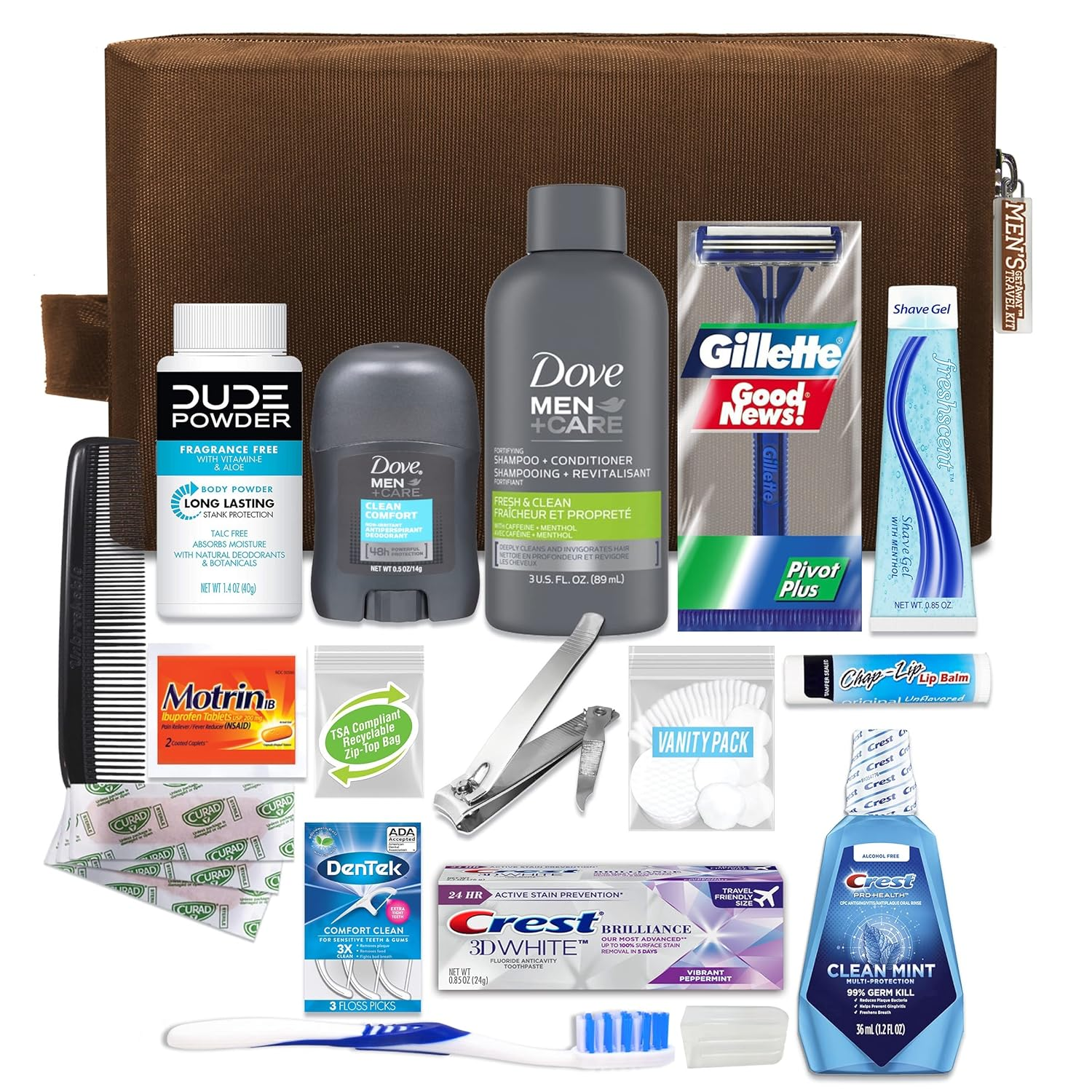 Convenience Kits International Men’S Premium 20-Piece Kit with Travel Size TSA Compliant Essentials, Featuring: Dove Men & Care Products in Brown Dopp Bag