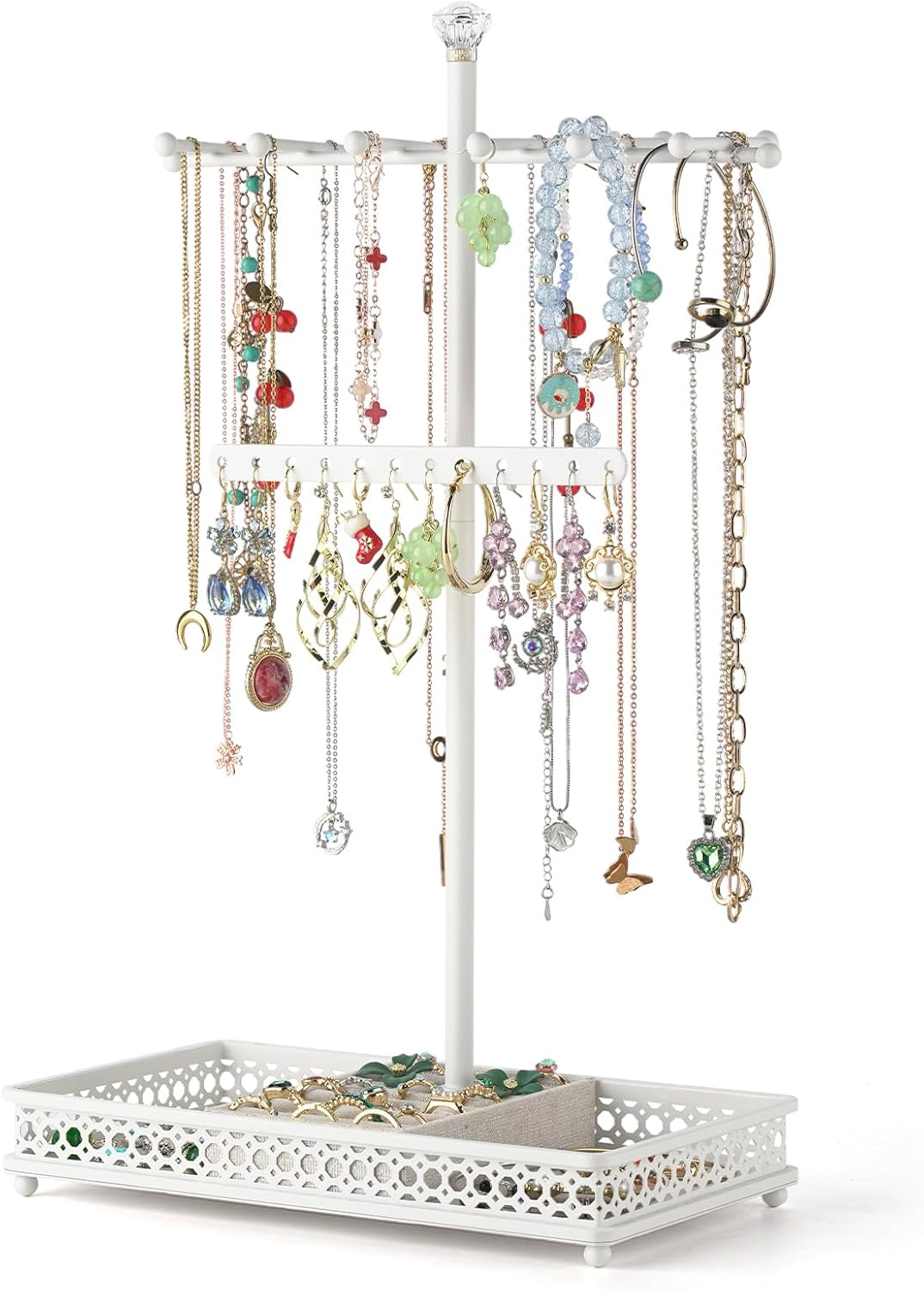 Jewelry Tree Stand Organizer 3In1 Necklace Organizer Display Bracelet Earrings and Ring Tray Jewelry Holder Hanger Metal(White)