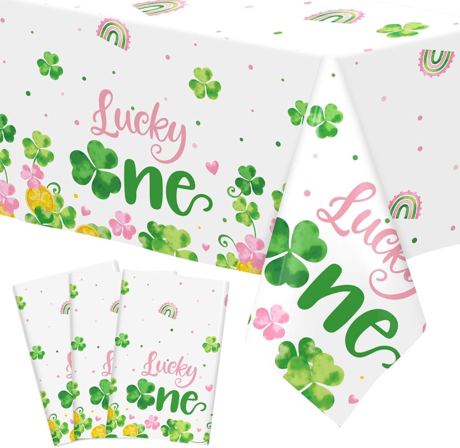 St. Patrick'S Day Table Cover Waterproof Shamrock Lucky One Girl'S Party Tablecloths March First Birthday Party Decorations 1St Birthday Decor Irish Party Supplies Plastic Table Runners Set of 3