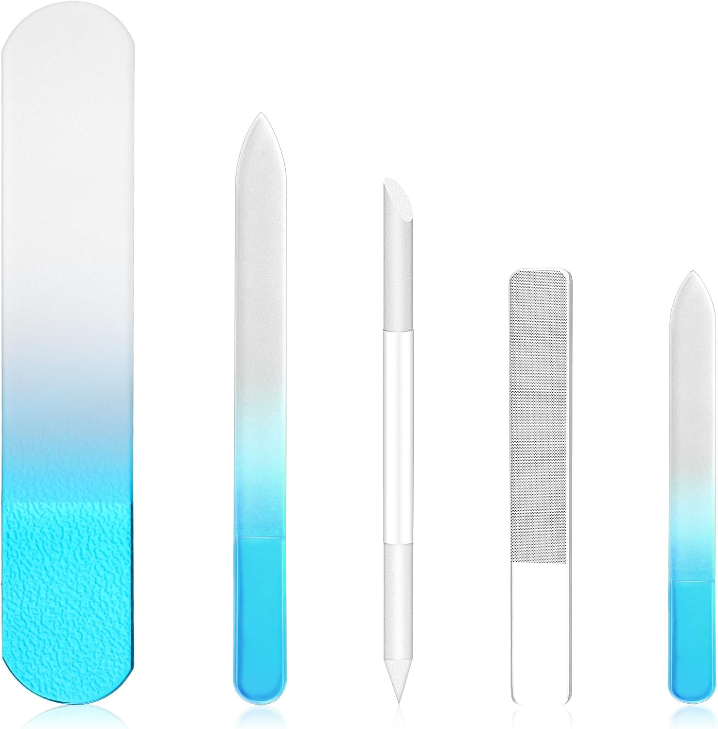 Crystal Nail File Set - 5 Pcs Nano Shiner Files, Glass Nail File, Cuticle Pusher, Buffer and Foot File