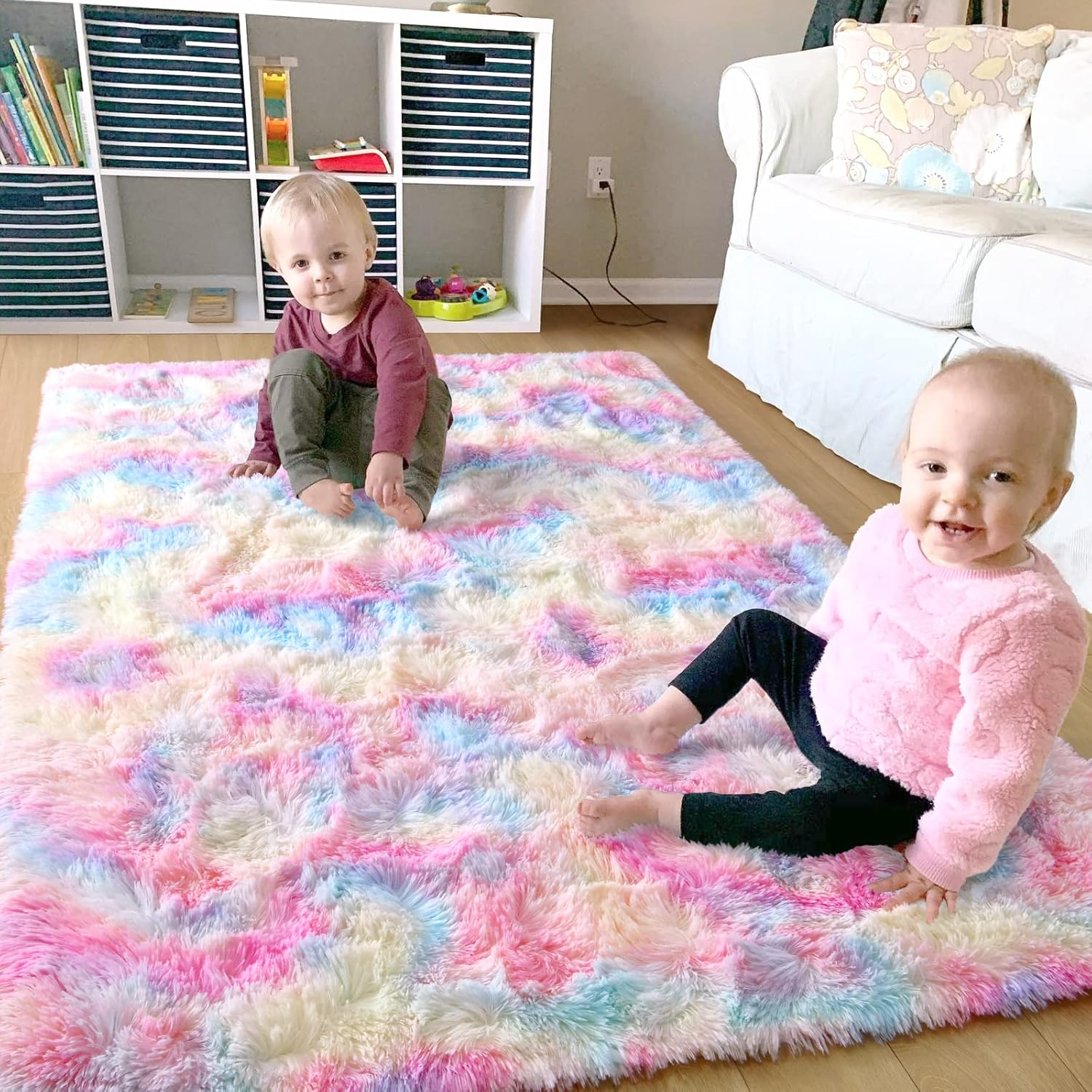 Ompaa Soft Fluffy Rainbow Kids Rug for Girls Bedroom Carpets, Pastel Unicorn 