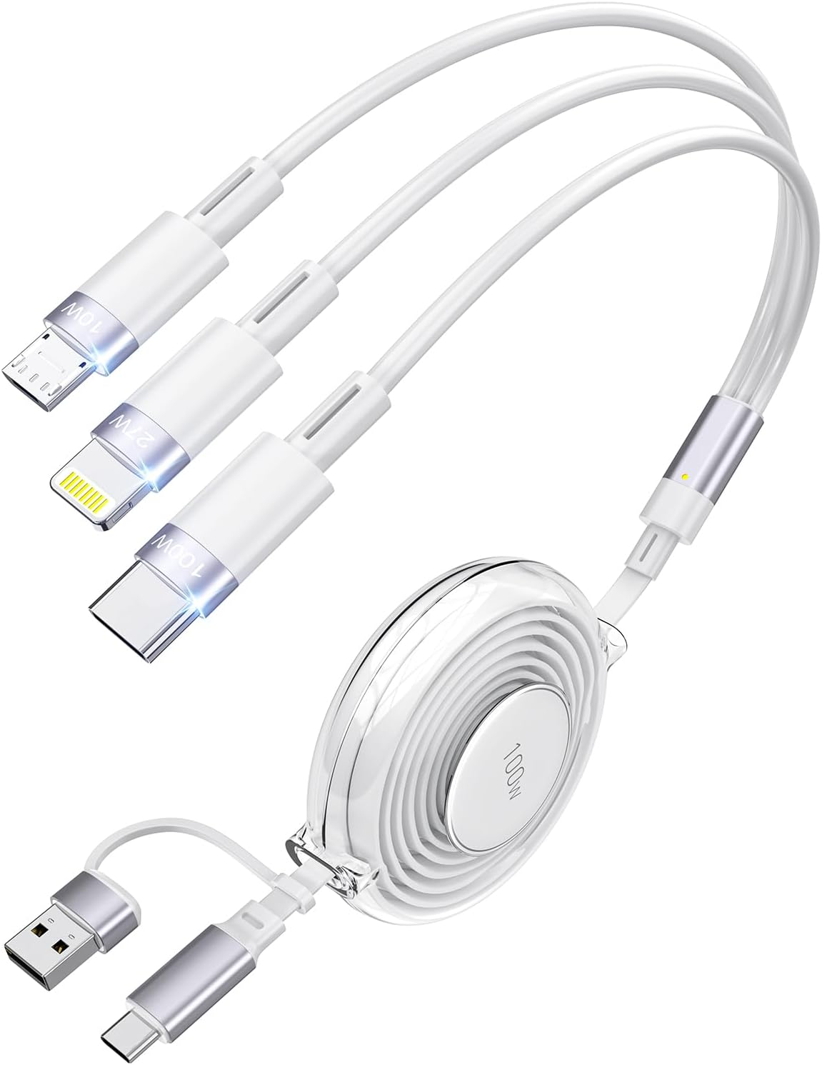 100W 5-In-1 Retractable Charging Cable, Tpye C/Lightning/Micro USB Multi Charger Cord for Iphones, Ipads, Macbook, Tablets, Galaxy, Note & More - 4Ft/1.2M 5A Fast Charging, Durable & Portable, White