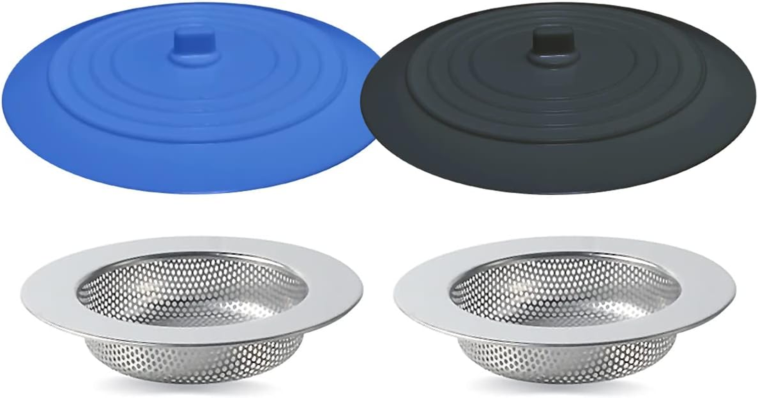 Seatery 4PCS Kitchen Sink Strainer Stopper Kit, Universal Silicone Sink Drain Plug Cover, Drain Water Stopper, 4.5 Inch Stainless Steel Sink Drain Strainer, Food Debris Catcher for Kitchen