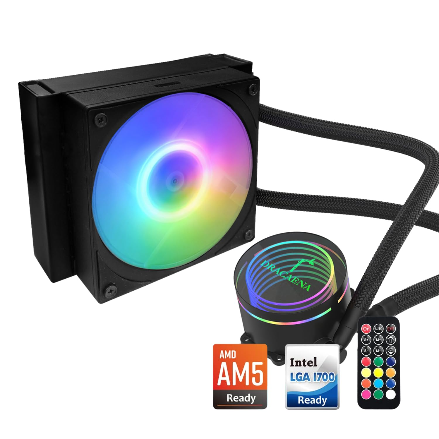 Dracaena.Io 120Mm AIO CPU Cooler - ARGB Remote Control, Quiet PWM ARGB Fan, Hydraulic Bearing Pump & Aluminum Radiator - for Intel LGA1700/1200/115X/2011/2066 & AMD AM5/AM4/AM3/FM2 Ryzen, Black