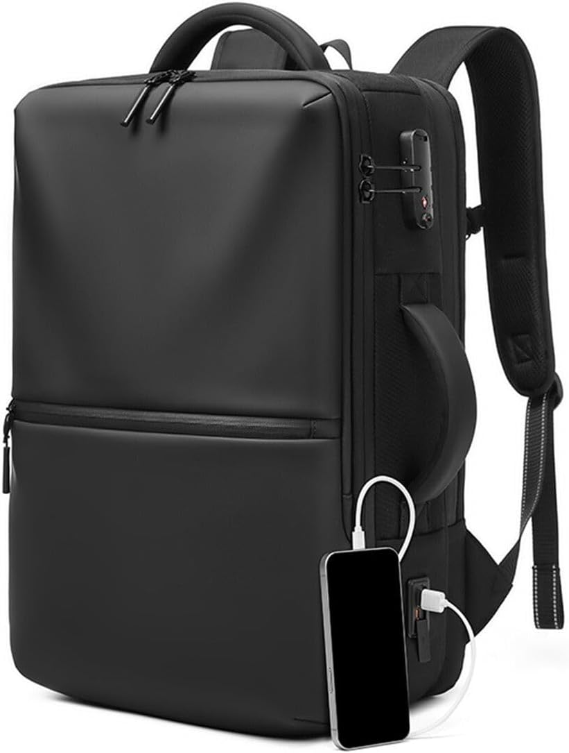 Travel Backpack Vacuum Compression Air-Back Expandable Vacpack Bag with Water Resistant anti Theft Knapsack with USB Charging Port Carry on Luggage Vac Packing Rucksack for Airplane 39-55L Black