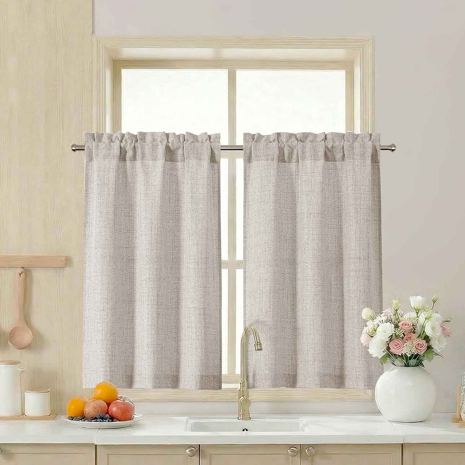 LIVEKID 2 Panels Kitchen Curtains 36 Inch Length, Faux Linen Textured Small Cafe Window Curtain over Sink, Light Filtering Short Curtain Tiers for Bathroom Basement, 30X36 Inch, 2PCS, Linen Color
