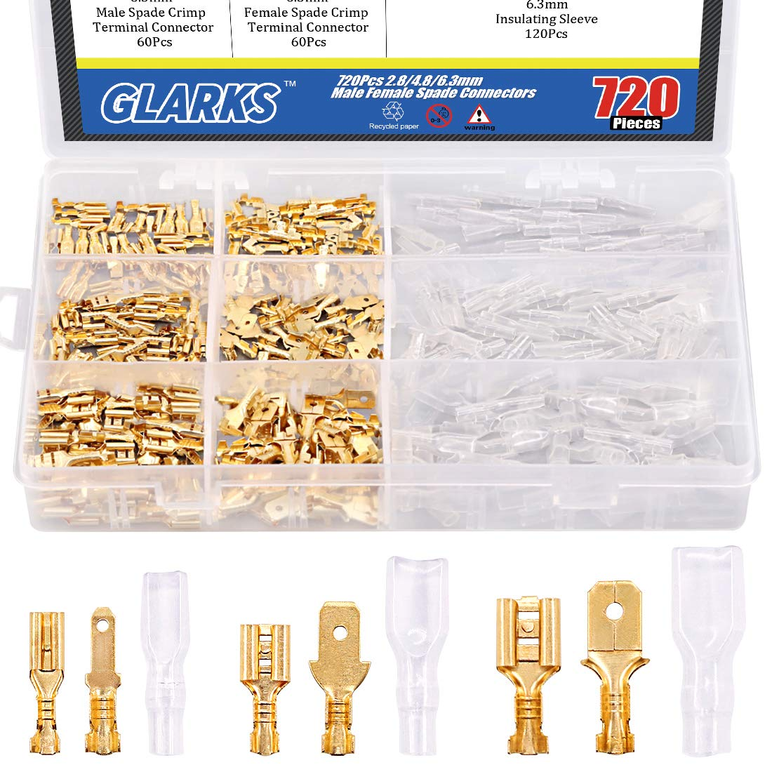 720Pcs 2.8mm 4.8mm 6.3mm Male and Female Wire Spade Connector and Insulating Sleeve Assortment Kit Copper Wire Crimp Terminal Block with Nylon Sleeve Set for Car Audio Speaker