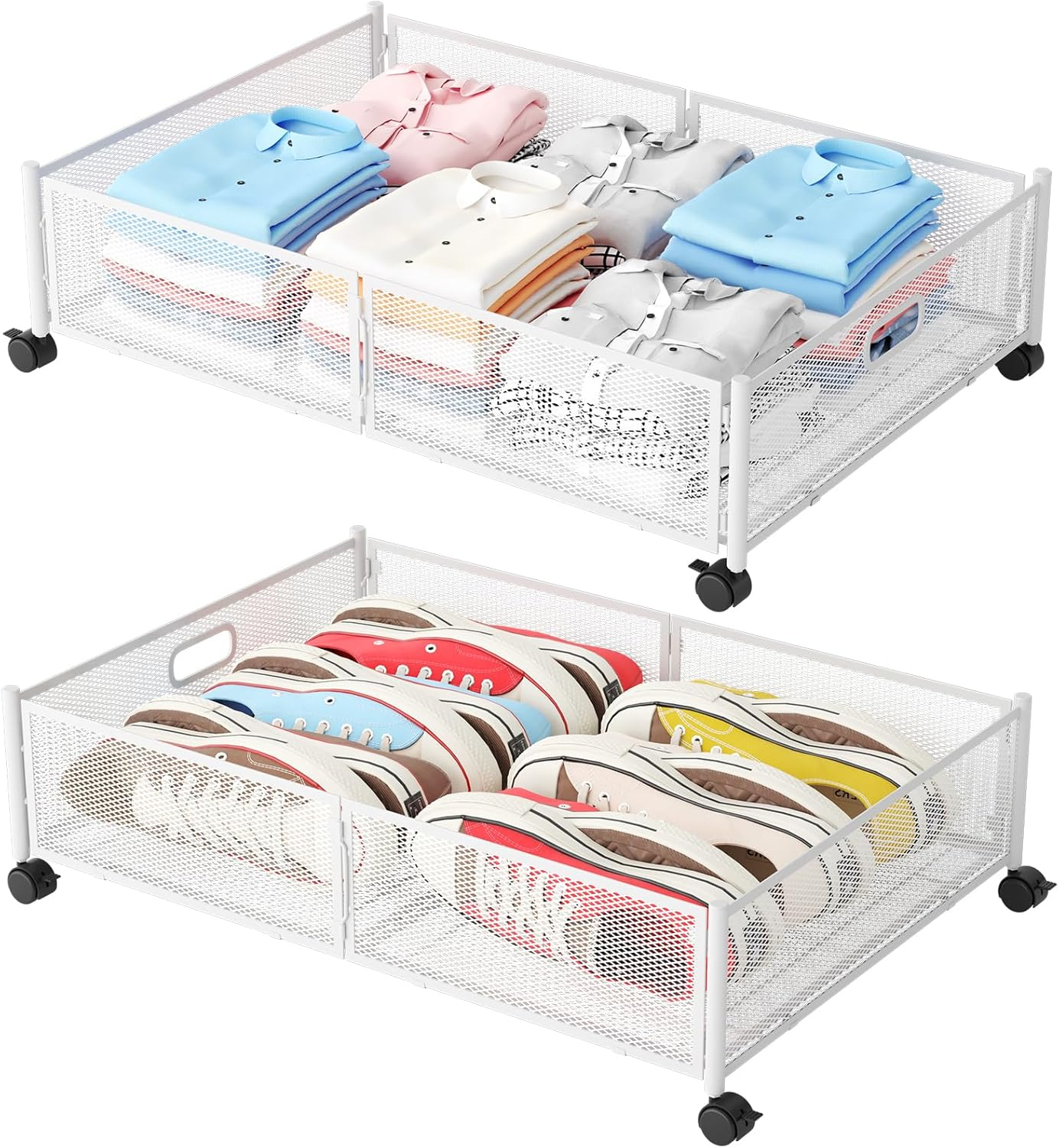 Under Bed Storage with Wheels, Foldable Metal Mesh Underbed Storage Container Bins, Tool-Free Assembly Clothes Drawer Organizer, 2Pack