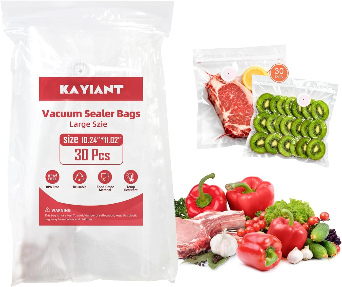 Vacuum Sealer Bags Large Size 10 X 11 Inch 30 Bags, Food Storage, BPA Free, Food Saver, Meal Prep,Sous Vide, Heavy Duty, Airtight