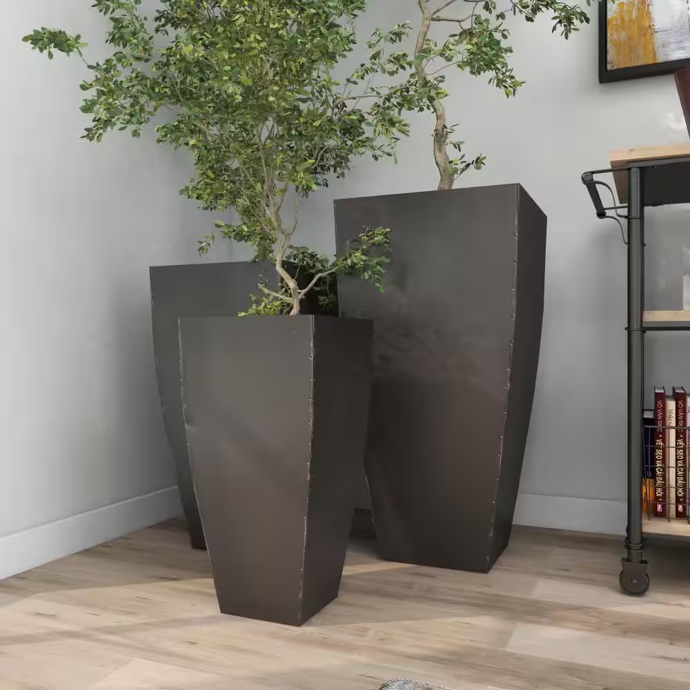 30 In., 25 In., and 20 In. Extra Large Dark Gray Metal Indoor Outdoor Planter with Tapered Base (3- Pack)