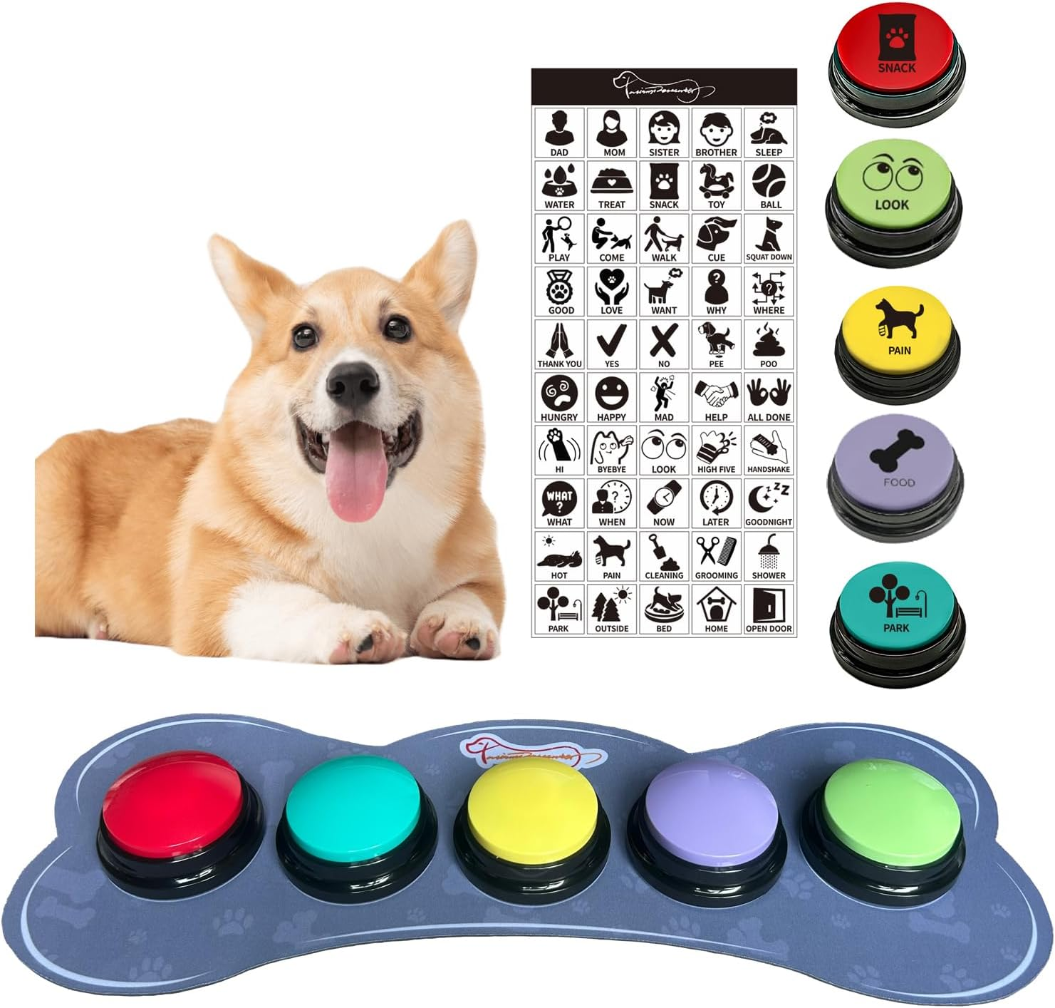 Set of 5 Color Dog Buttons with Rubber Mat for Communication,Voice Recording Button,Pet Talking Buttons,Pet Buttons,Dog Training & Behavior Aids,Train Your Dog to Voice What They Want