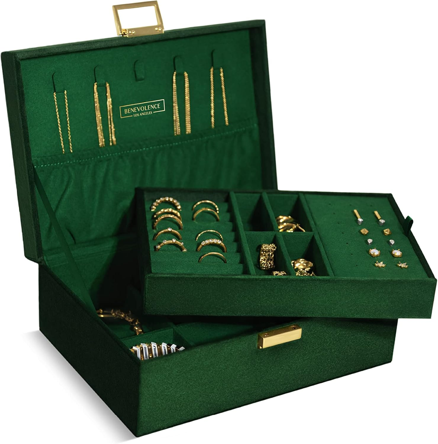 2 Layer Jewelry Box for Women, Large Velvet Jewelry Organizer with Decorative Lock, Removable Jewelry Tray, Earrings, Bracelets, Rings and Necklace Storage Box - Emerald