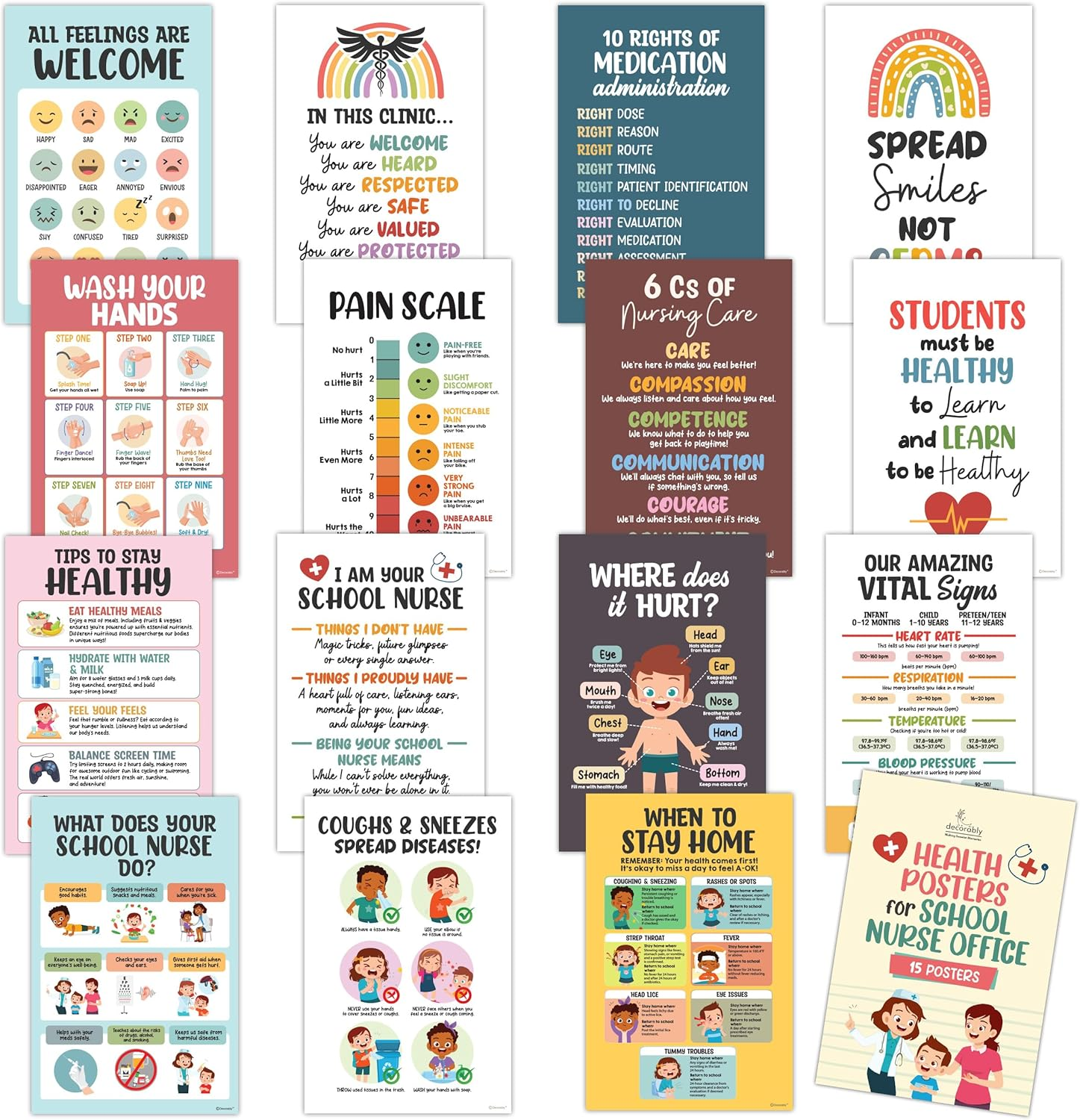 15 Educational Health Posters for School Nurse Office Decor, 11x17 Inches