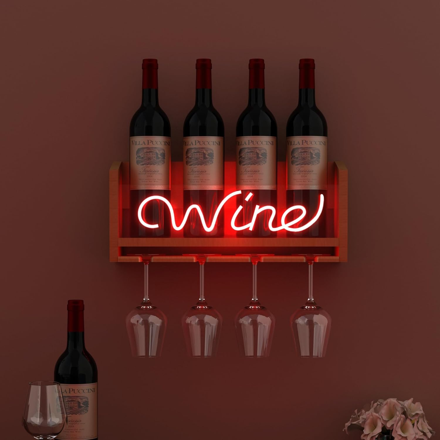 Light up Wine Rack with Glass Holder Wall Mount, Wooden Wine Bottle Holder with Wine Neon Sign, Wall Decor, Gift for Wine Lovers Collectors