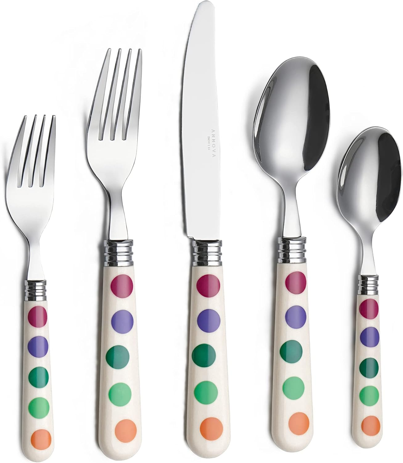ANNOVA Silverware Set 20 Pieces Cutlery Stainless Steel Colorful Fun Handle Flatware Service for 4 - Dinner Knife, Dinner Fork, Salad Fork, Dinner Spoon, Dessert Spoon (Puka Dots, 20 Pieces)