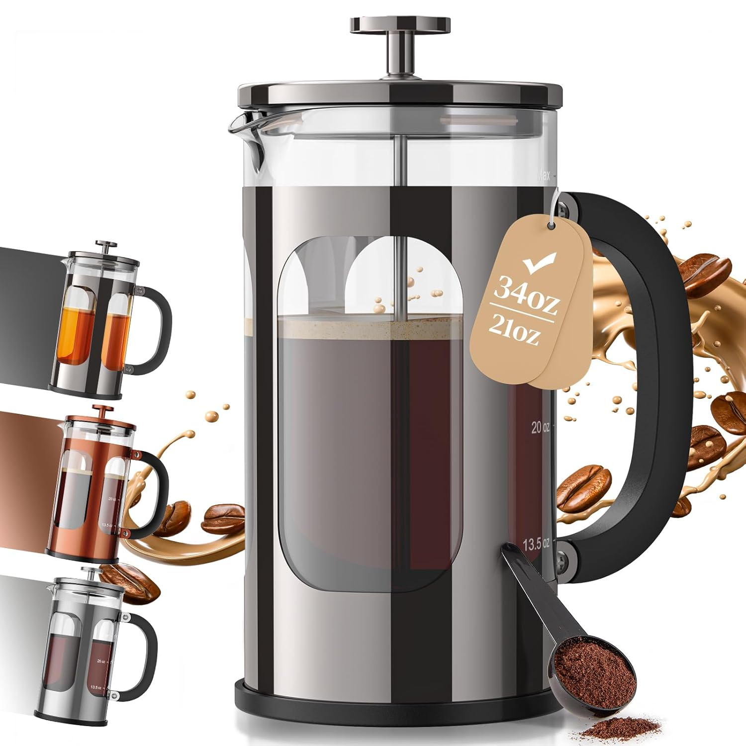 French Press Coffee Maker 34Oz, No Plastic Touching Cafe,Thickened Glass Stainless Steel Brewer, Cold Brew Cafetera Tea Pot for Kitchen Travel Camping, Gifts, Decor, Bar Accessories, Dark Pewter