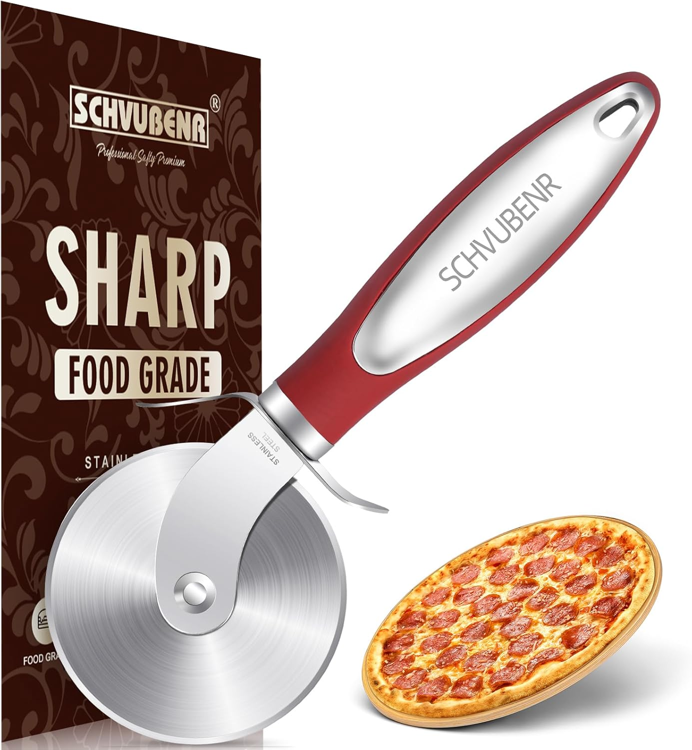 SCHVUBENR Premium Pizza Cutter Wheel - Stainless Steel - Easy to Cut and Clean - Super Sharp Pizza Slicer - Dishwasher Safe - Handles Large and Small Pizza - Corte De Pizza(Red)