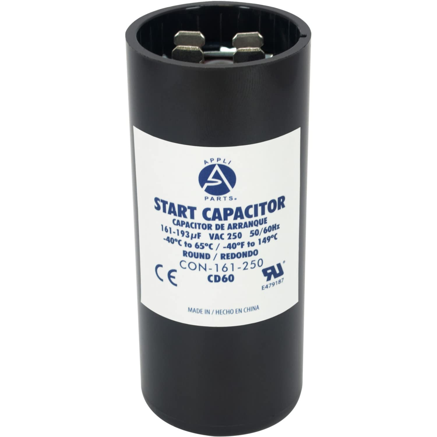Appli Parts Motor Start Capacitor 161-193 Mfd (Microfarads) Uf 250 VAC Universal Fit for Electric Motor Applications 1-7/16 in Wide 3-3/8 in Height CON-161-250