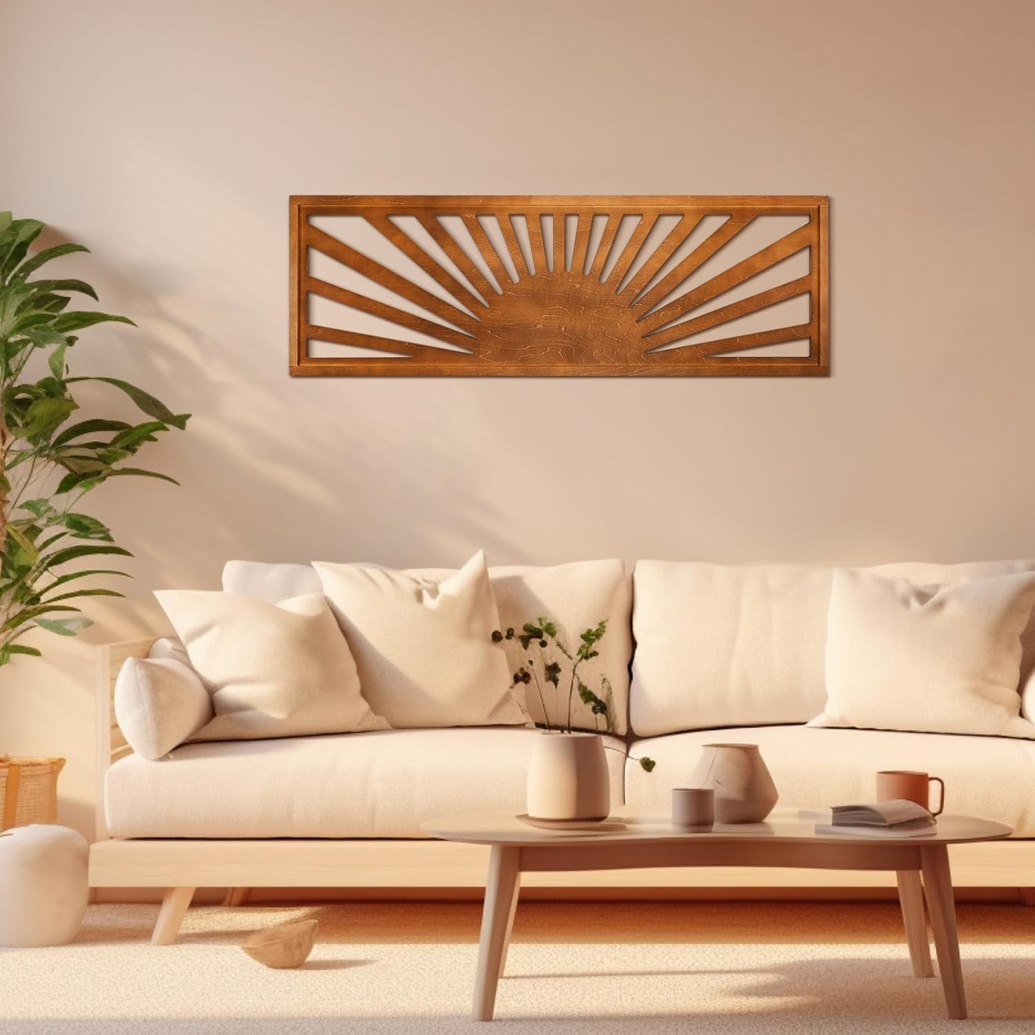 Sun Wall Art Decor 35'' X 12'' Large Boho Sun Wall Decor Wooden Horizontal Vintage Bohemian Hanging Rectangle Panoramic above Bed Decoration for Bedroom Home(Dark Brown)