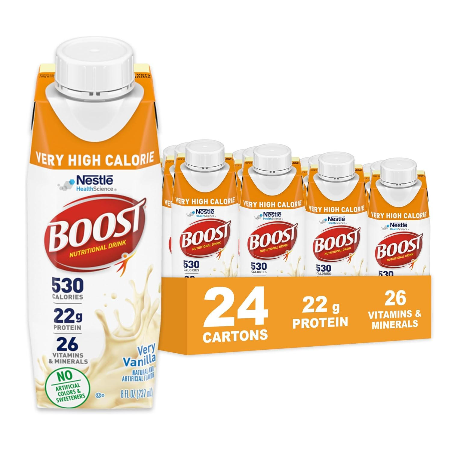 Boost Very High Calorie Vanilla Nutritional Drink – 22G Protein, 530 Nutrient Rich Calories, 8 Fl Oz (Pack of 24)