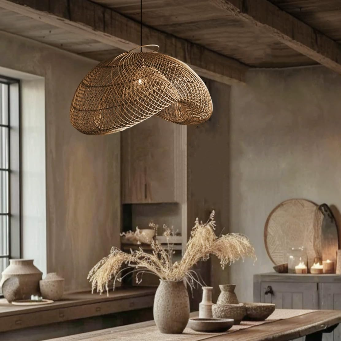Wabi-Sabi Dark Brown Rattan Pendant Light Coastal Large Woven Pendant Hanging Light Natural Basket Chandelier Farmhouse Bamboo Pendant Lighting for Kitchen Island Dining Room - 15.5