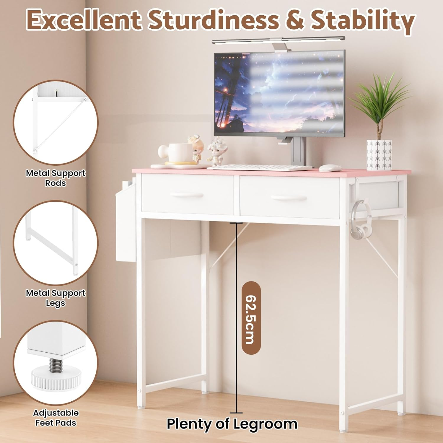 Advwin 80cm Small Desk with 2 Drawers and Storage Bag, Makeup Vanity Desk wit... - Picture 8 of 13