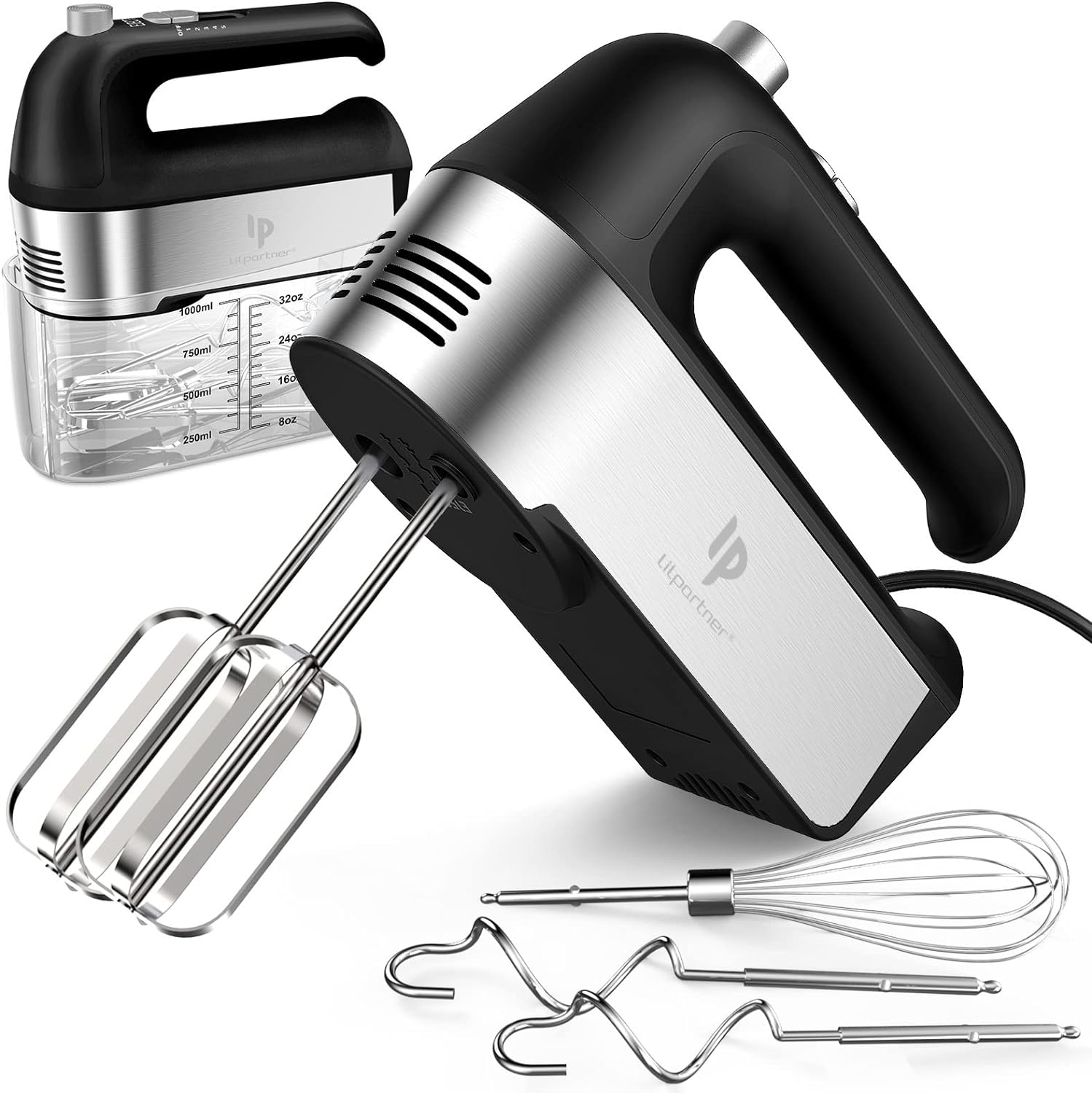 Hand Mixer Electric, 450W Kitchen Mixers with Scale Cup Storage Case, Turbo Boost/Self-Control Speed + 5 Speed + Eject Button + 5 Stainless Steel Accessories, for Easy Whipping Dough,Cream,Cake