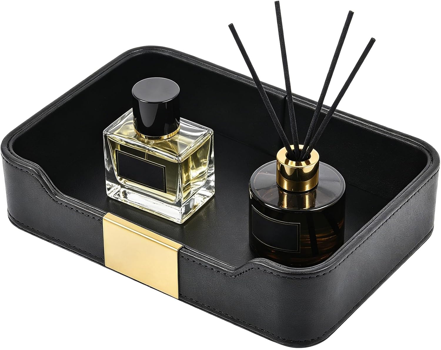 Plateau De Rangement De Bureau En Cuir De Luxe Organisateur Décoratif Pour Bijoux,Plateau De Rangement Cuir,Corbeille a Courrier,Montres,Cosmétiques,Clés,Téléphone,Portefeuille,Noir