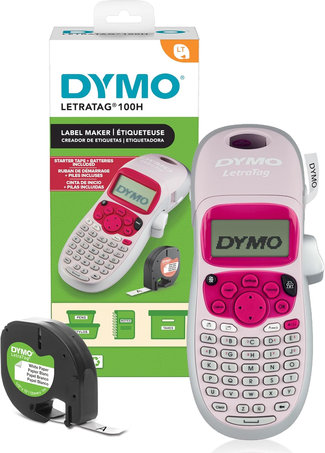 DYMO Letratag LT-100H Handheld Aesthetic Label Maker, ABC Keyboard Label Printer with Easy-To-Use, 13 Character LCD Screen, Great for Home & Office Organization, Pink