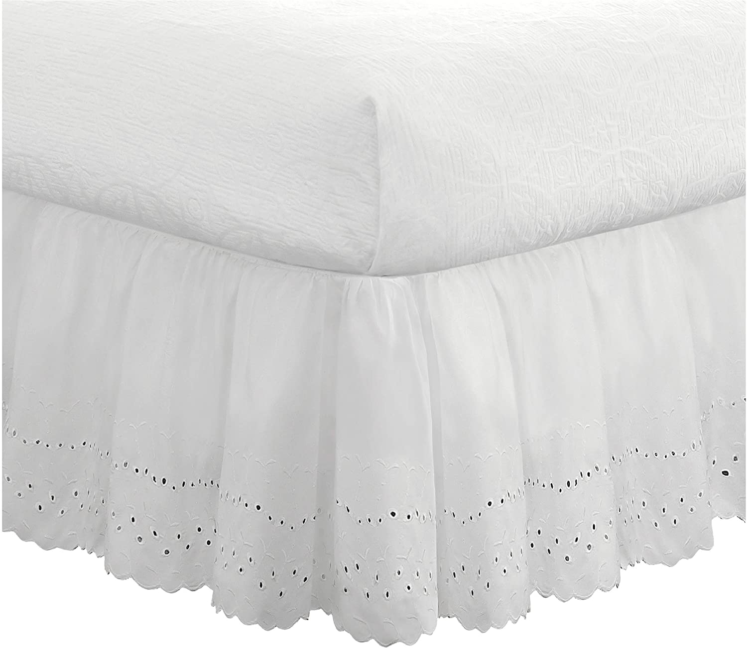 FRESH IDEAS Ideas Ruffled Eyelet Bed Skirt Dust Ruffle with Gathered Styling and Embroidered Details, 14