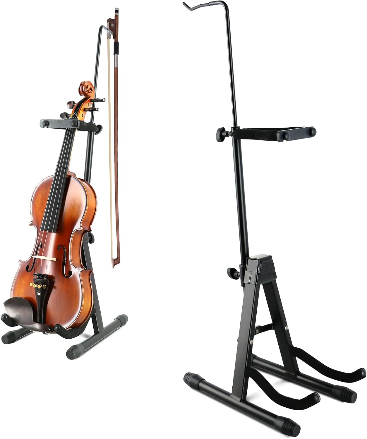 Violin Stand Violin Stands with Bow Holder Foldable Portable Viola Stand Height Adjustable Violin Stand with Head Protection Lock &Anti-Slip Foot Covers (Black)