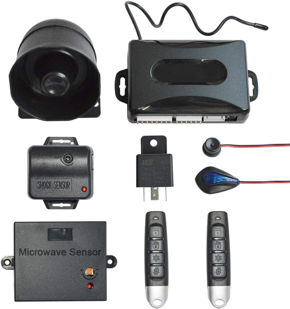 BANVIE Universal Car Security Alarm with Keyless Entry System, 2 Remote Transmitters, 6-Tone Siren, Shock Sensor, Central Locking Automation