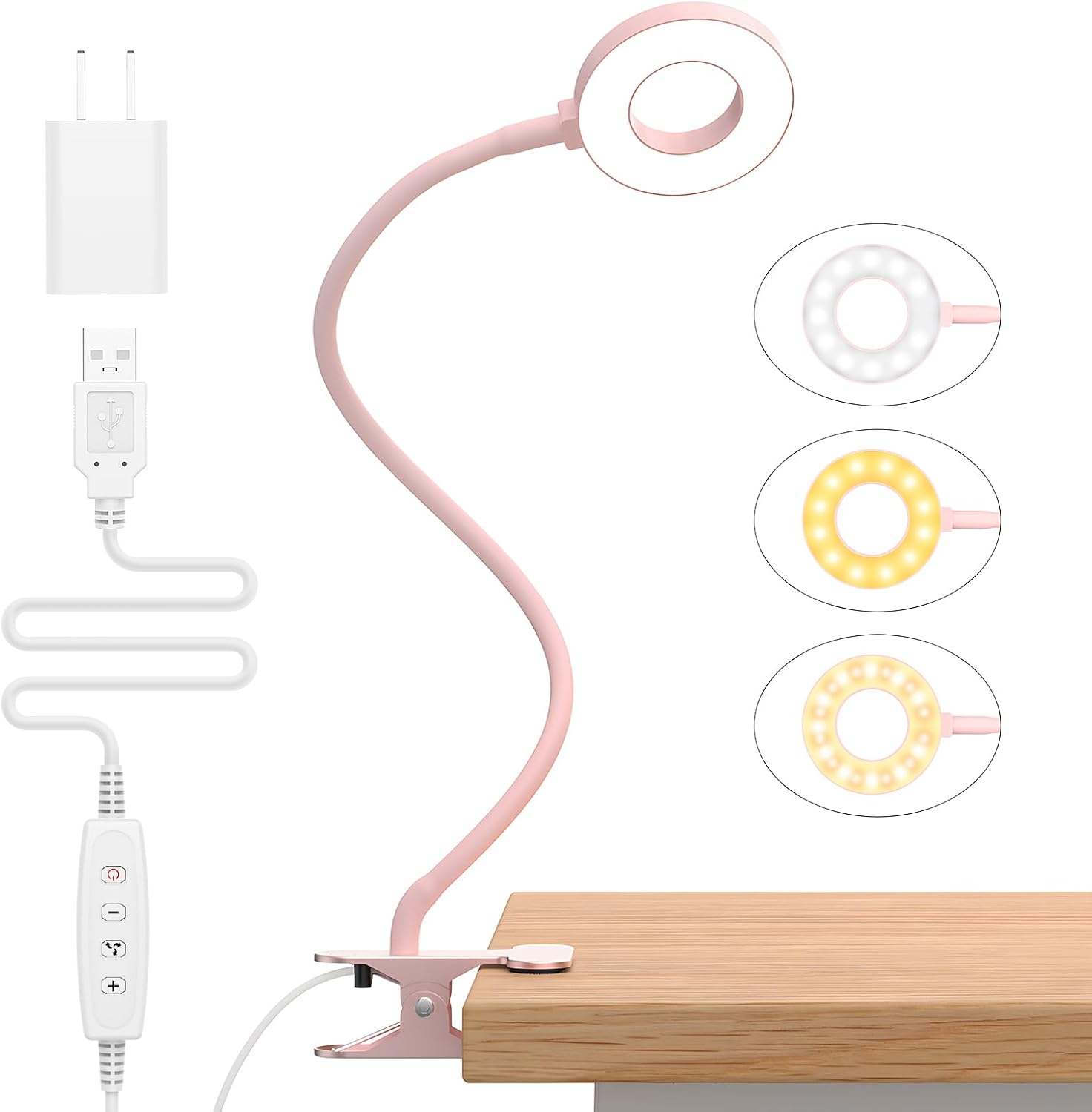 Izell Desk Lamp, [3 Color Modes & 10 Brightness] LED Reading Light with Clamp, Flexible Gooseneck Book Light for Kids Reading Book in Bed at Night Clip on Table, Headboard, Dorm - 15.8‘’ Pink
