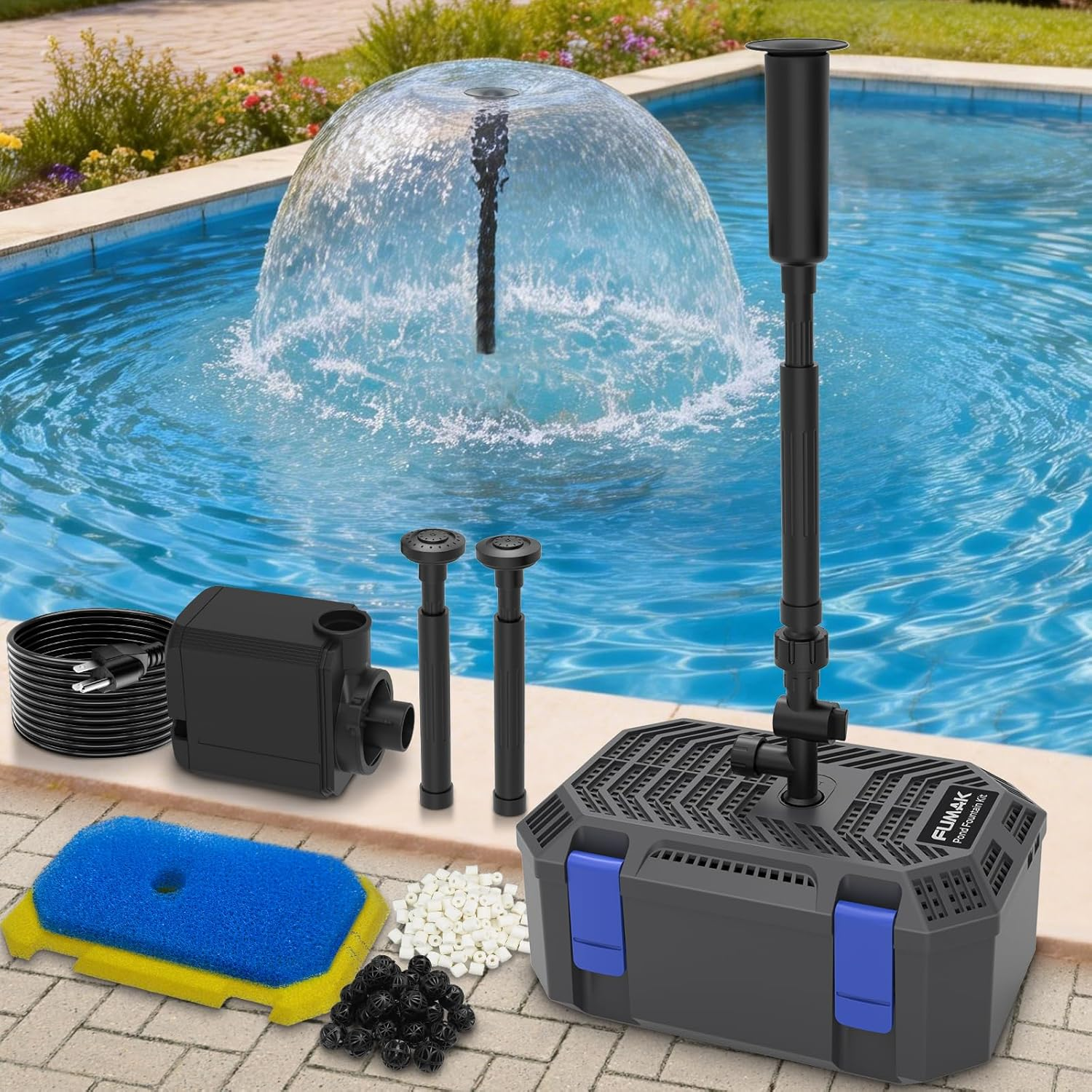 Pond Filter & Fountain Kit with 3 Spray Heads, All-In-One 550GPH Pond Fountain Pump with 4-Stage Filtration, for Garden, Water Feature, 350-500 Gallon Outdoor Koi Fish Ponds