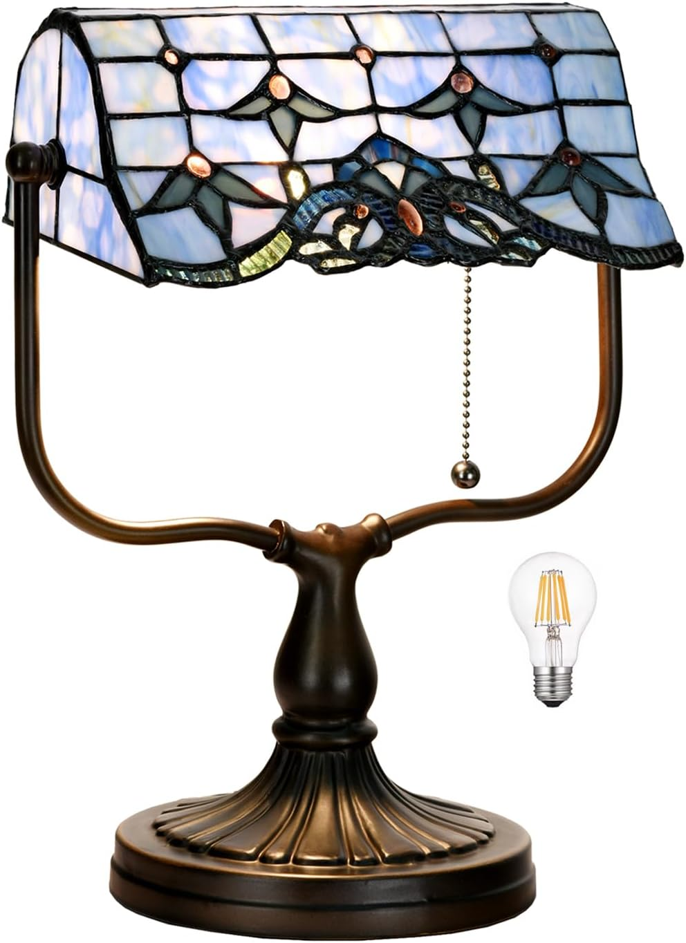 TL0031 Tiffany Banker Desk Lamp Stained Glass Blue Baroque Shade with Vintage Bronze Base W10.25 X OH13 Inch. Perfect for Piano Kitchen beside Table, LED Bulb Included (Baroque)