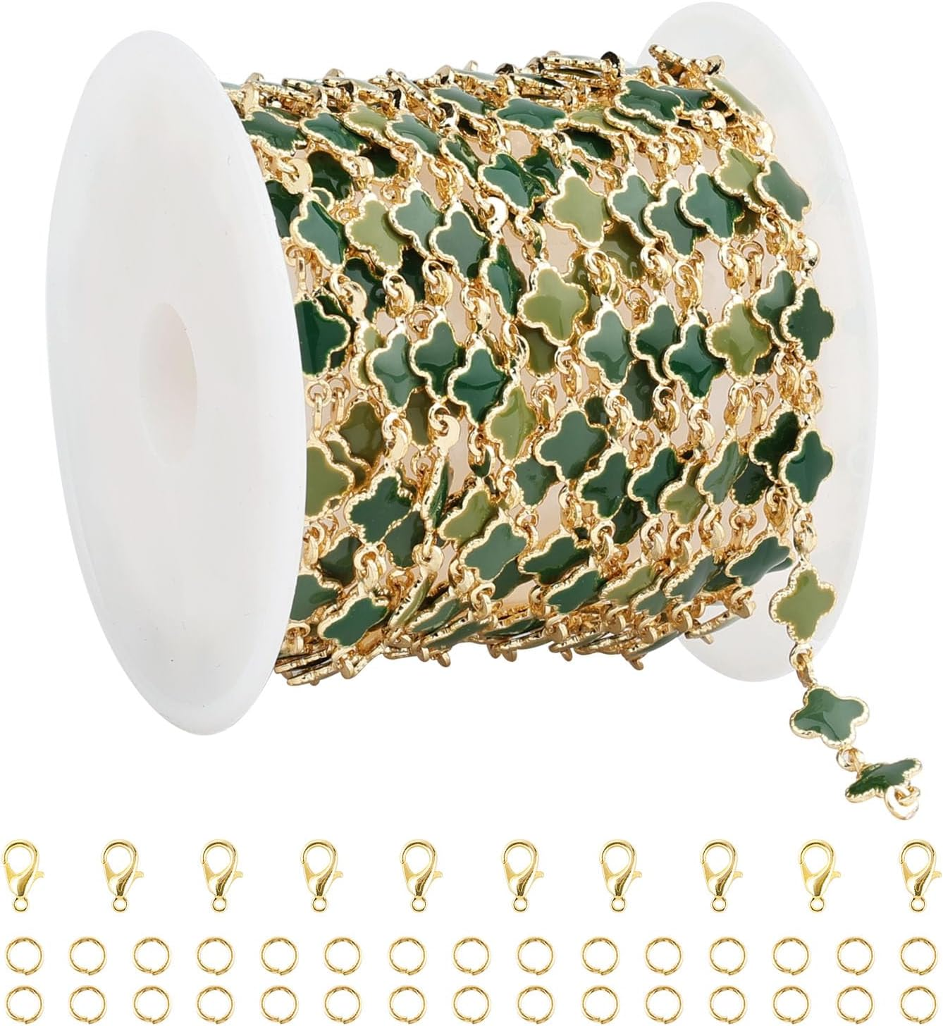 YOUBEIYEE 3 Meters Enamel Chain for Jewelry Making Green Oil Drip Four Leaf Clover Jewelry Chains Bulk with Jump Rings and Lobster Clasps