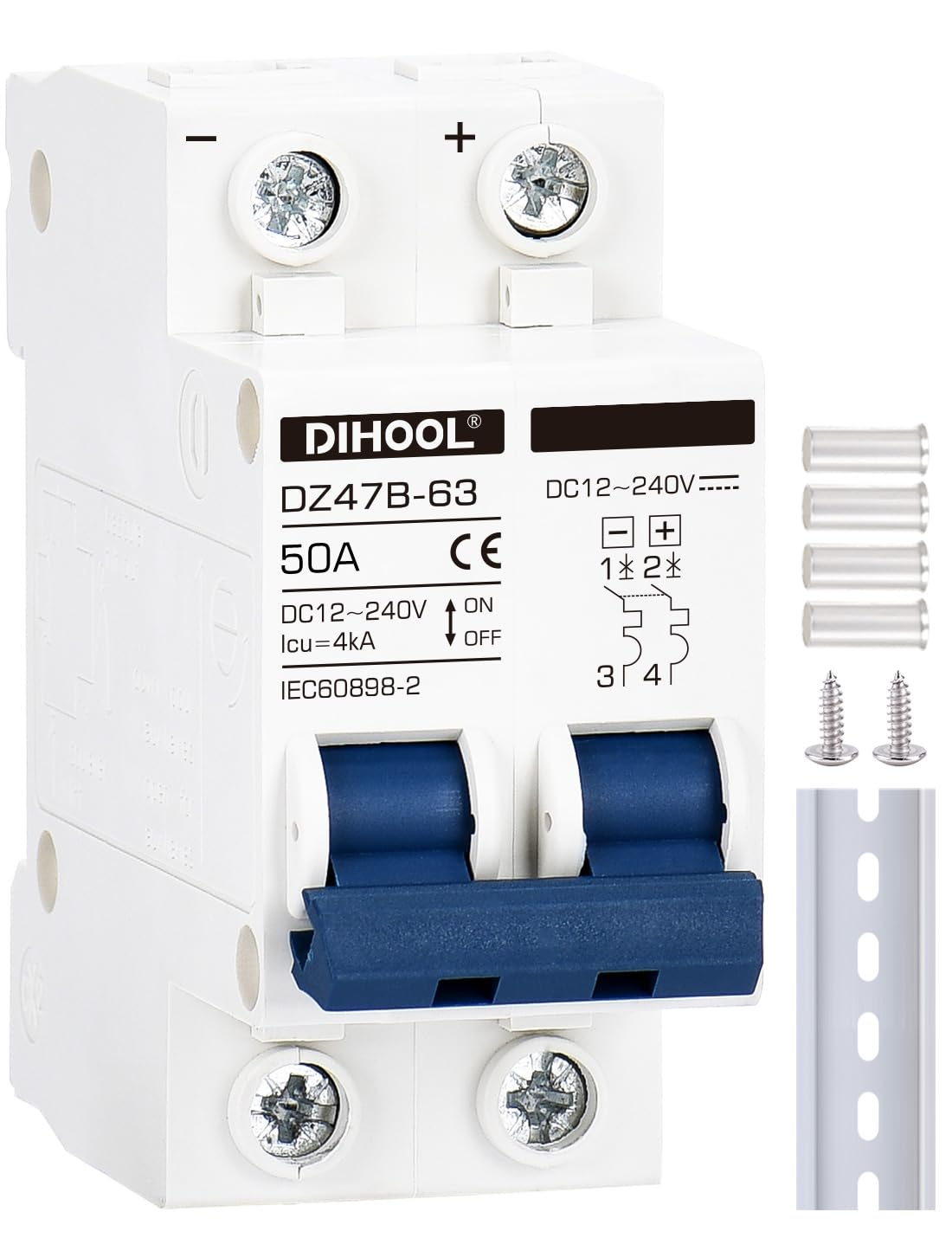 DC Circuit Breaker,50A 2 Pole,12V to 240 Volt Solar Disconnect Switch,Din Rail Mount