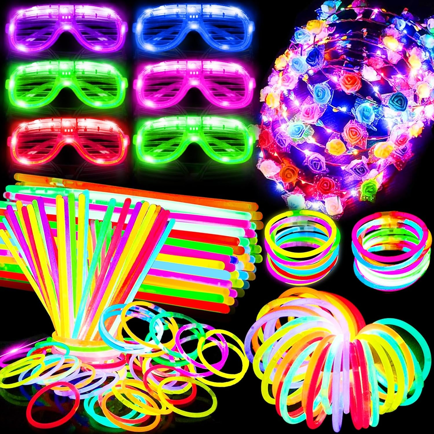 112 Pcs Glow in the Dark Party Supplies Glow Sticks Bulk LED Neon Party Favor Light up Toys Gifts Kids Adult 100 Glow Sticks Necklaces Bracelets/6 Light up Glasses/6 Led Headbands Easter Basket