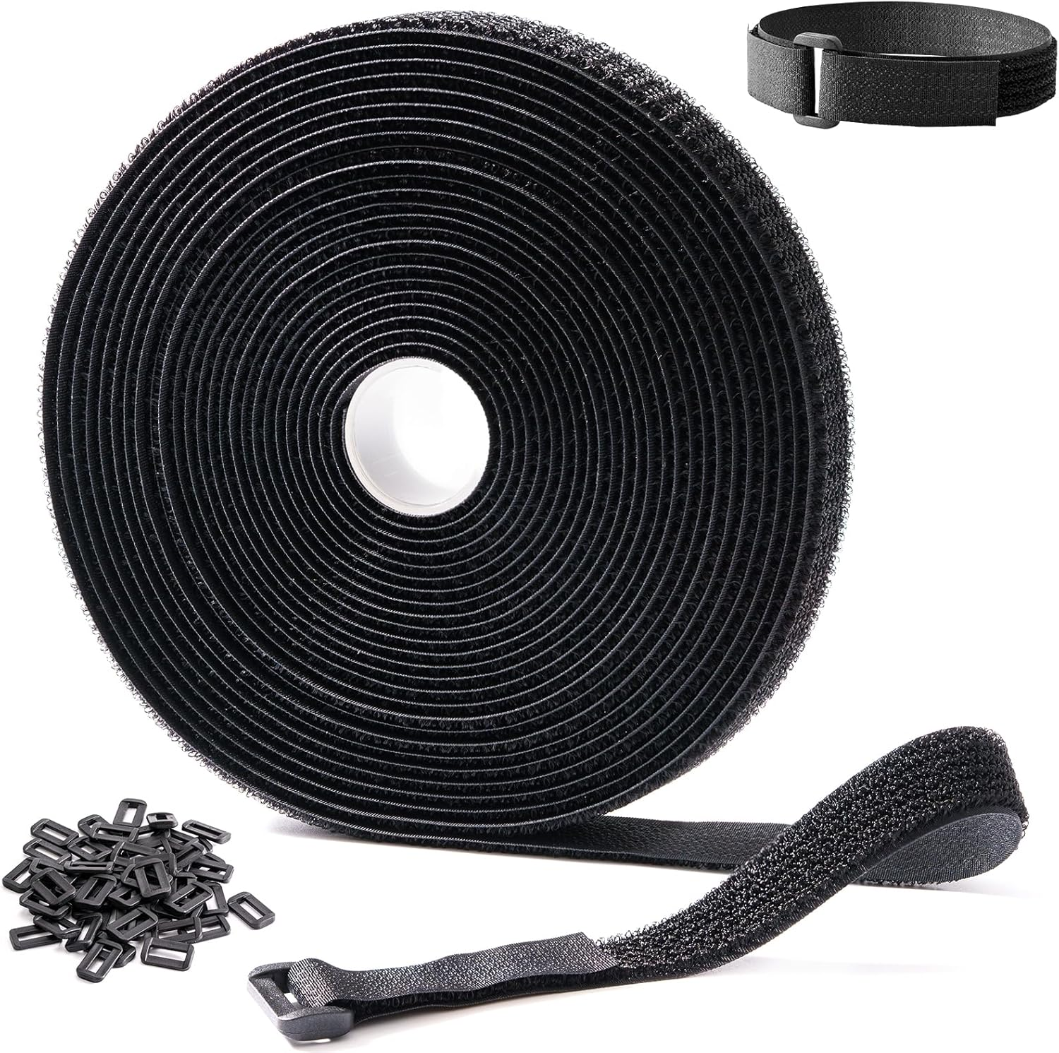 10M x 2CM Reusable Cable Ties, Adjustable Hook and Loop Straps with 50 Buckles, Cut to Length, Ideal for Wire Management, Cord Organizer, and Cable Straps, Black