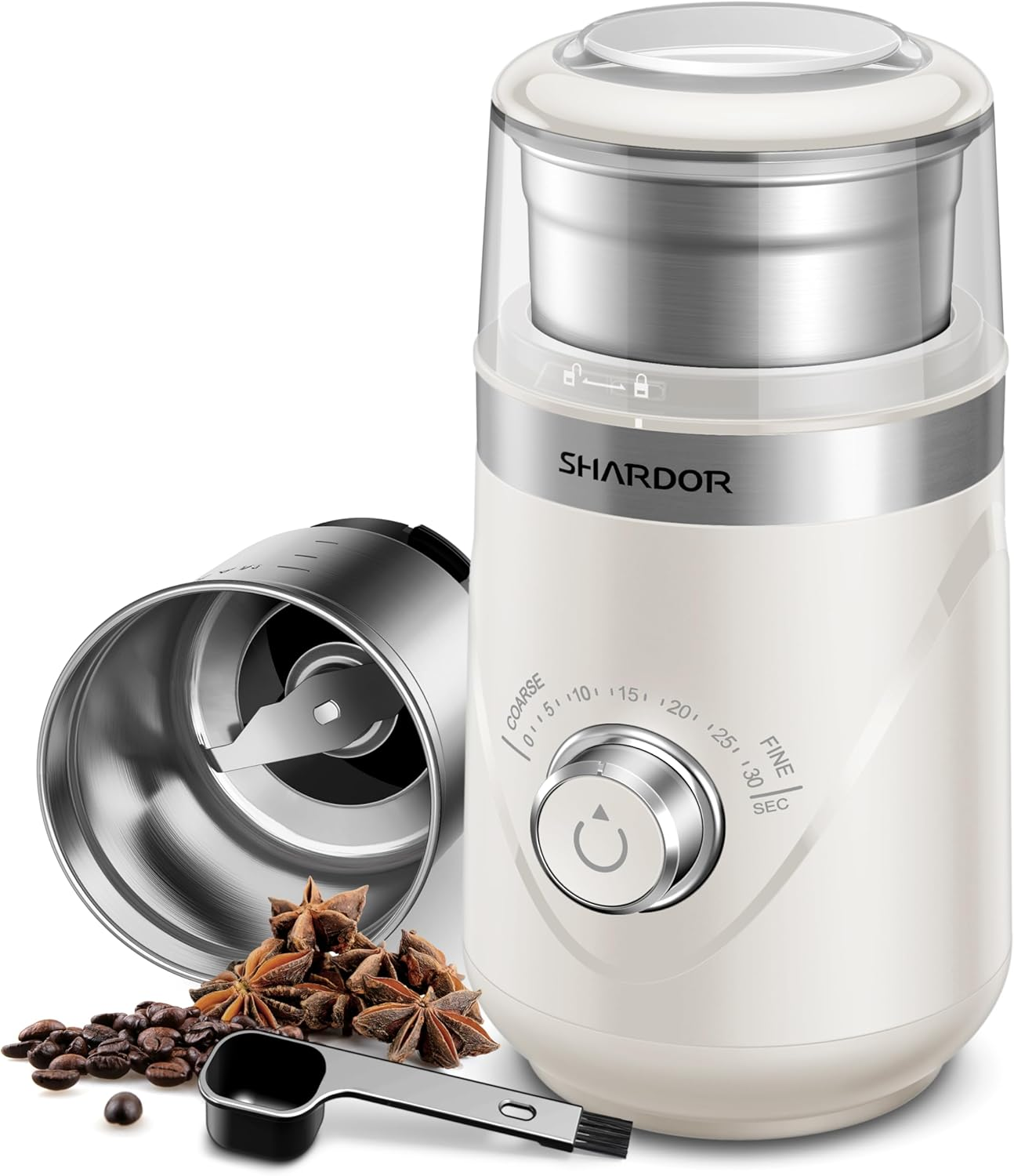 Electric Super Silent Blade Coffee Grinder, Timed Grind Control Rotary Knob, Adjustable Coarse to Fine for Coffee Beans, Spices & Herbs, with 1 Removable Stainless Steel Bowl, Cream