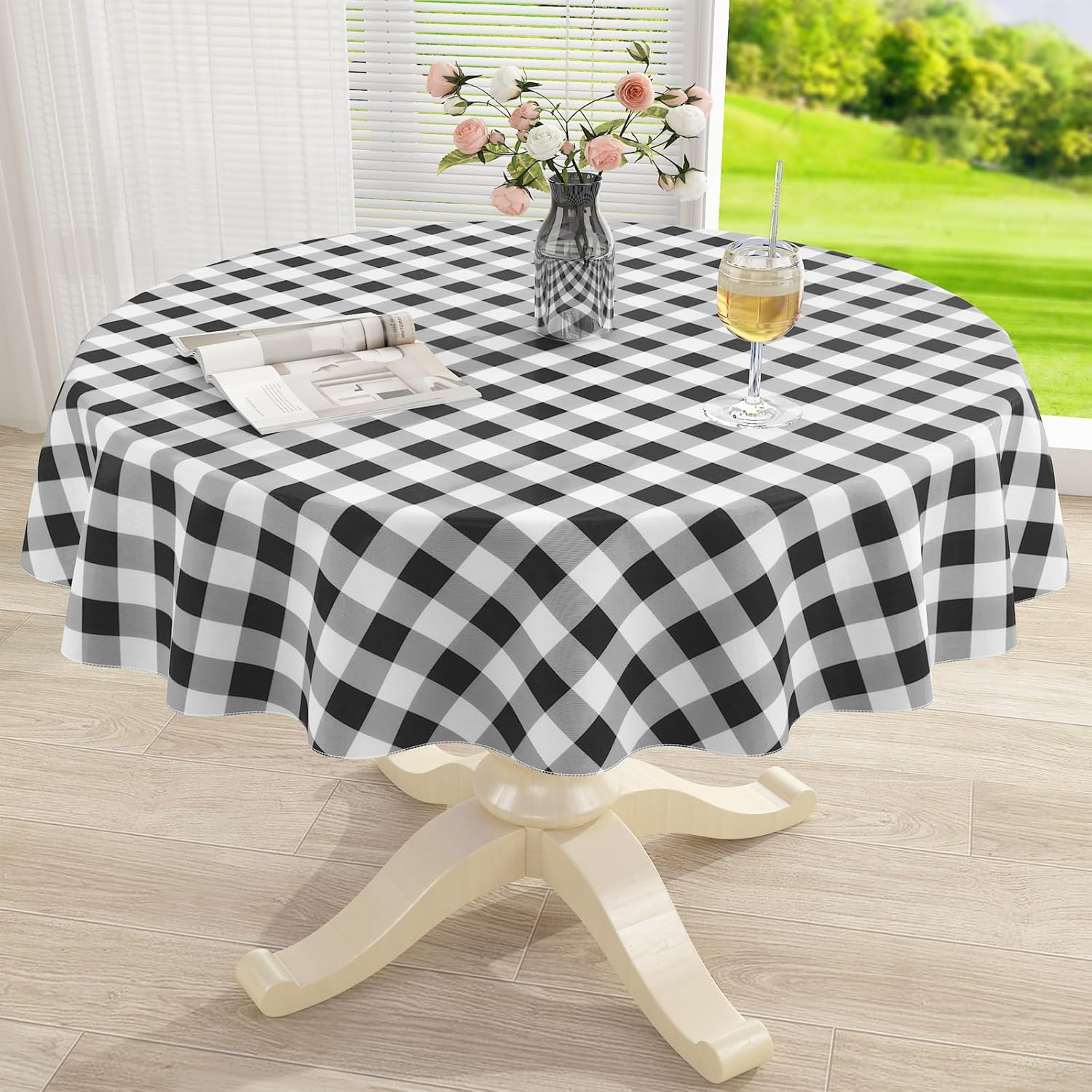 Round Waterproof Vinyl Tablecloth, Flannel Backed, Black and White, 60