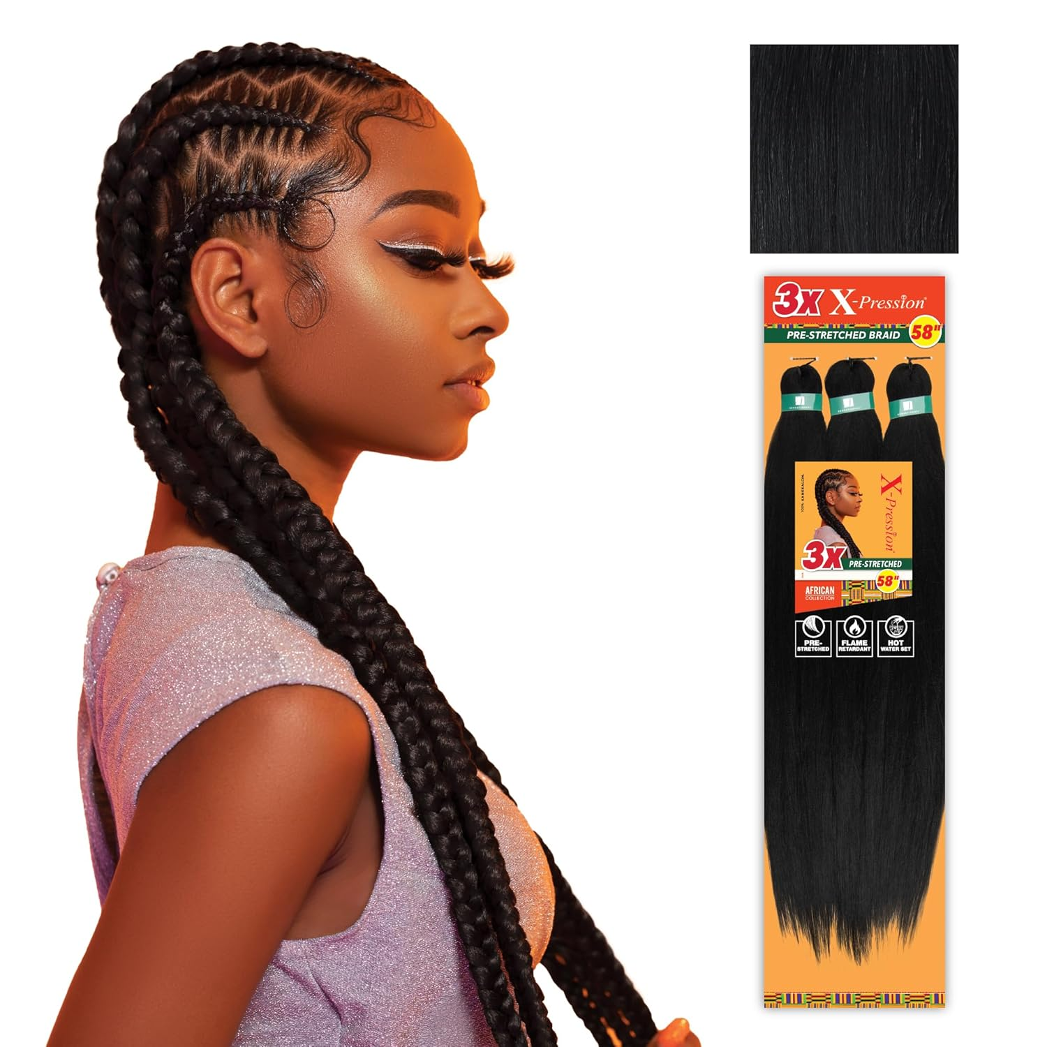 X-Pression Prestretched Braiding Hair - 3X Braid 58 Inch All Kanekalon Flame Retardant Synthetic Braid for Box Braids and Twists (2 Pack, 1 JETBLACK)