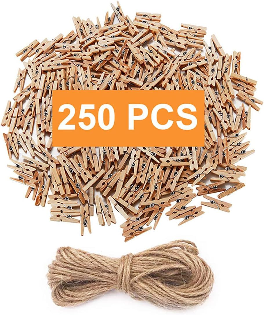 250 Pcs Mini Natural Wooden Clothes pins Jute Twine Craft Clips Photo Paper Peg